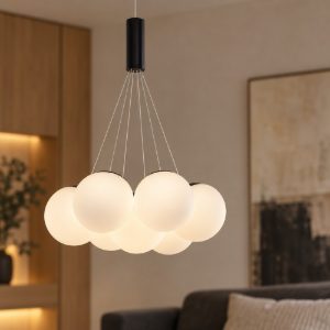 Lampadario a sospensione per soggiorno opale e nero led 49w 3000k 7 luci dimmerabile