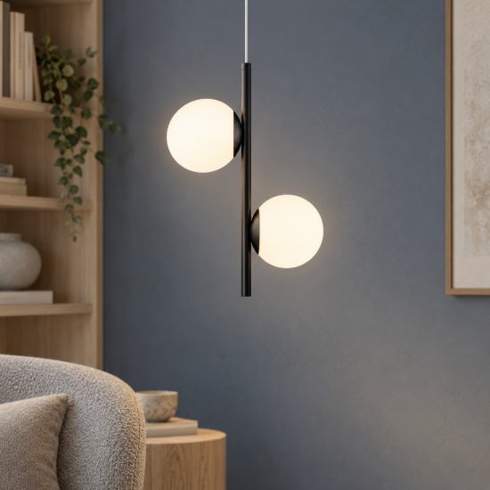 Lampadario a sospensione per cucina opale e nero led 16w 3000k 2 luci dimmerabile