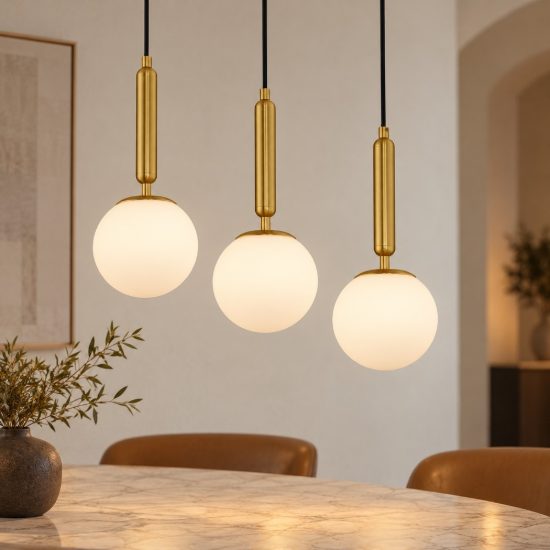Lampadario a sospensione 3 luci per soggiorno moderno opale oro ottone