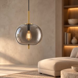 Lampadario a sospensione per camera da letto globo fumè e oro ottone vetro