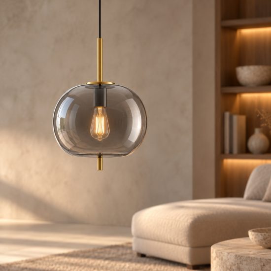 Lampadario a sospensione per camera da letto globo fumè e oro ottone vetro