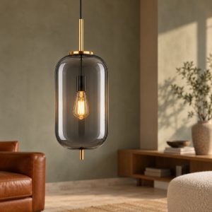 Lampada a sospensione per comodini camera da letto moderna oliva fumé e oro ottone vetro