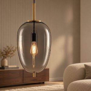 Lampadario a sospensione per cucina moderno oliva fumé e oro ottone vetro