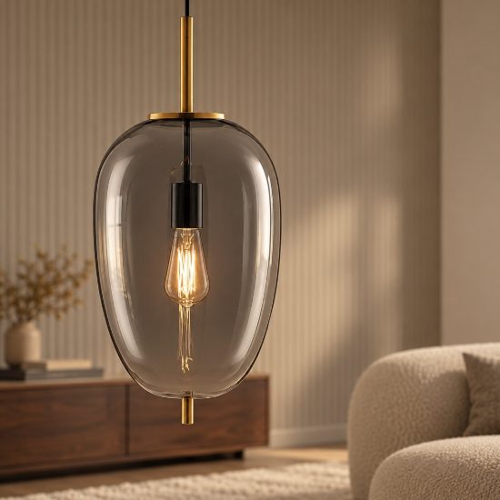 Lampadario a sospensione per cucina moderno oliva fumé e oro ottone vetro