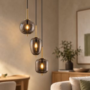 Lampadario a sospensione 3 luci per soggiorno moderno fumé e oro ottone
