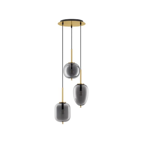 Lampadario a sospensione 3 luci per soggiorno moderno fumé e oro ottone