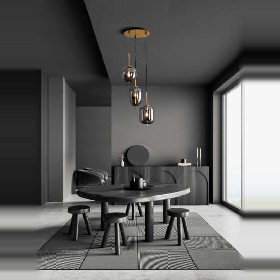 Lampadario a sospensione 3 luci per soggiorno moderno fumé e oro ottone