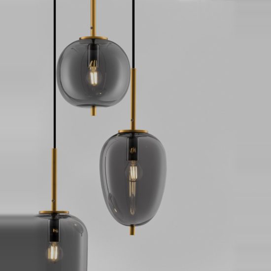 Lampadario a sospensione 3 luci per soggiorno moderno fumé e oro ottone