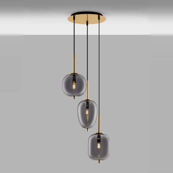 Lampadario a sospensione 3 luci per soggiorno moderno fumé e oro ottone