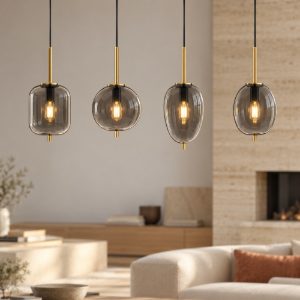 Lampadario a sospensione 4 luci per cucina moderno fumé e oro ottone