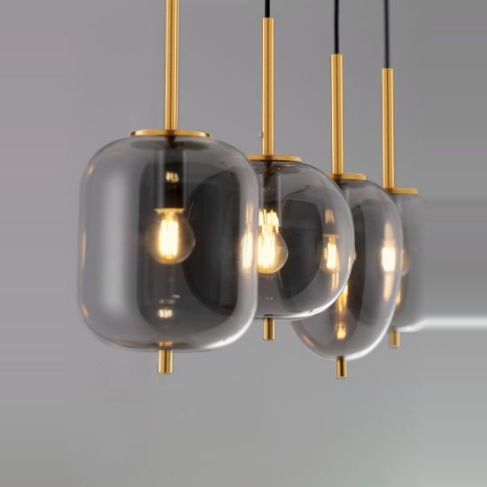 Lampadario a sospensione 4 luci per cucina moderno fumé e oro ottone
