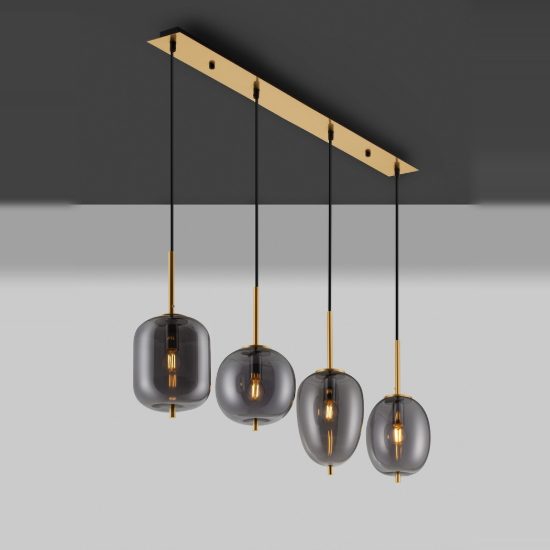 Lampadario a sospensione 4 luci per cucina moderno fumé e oro ottone