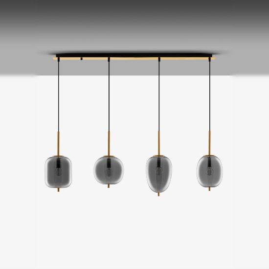 Lampadario a sospensione 4 luci per cucina moderno fumé e oro ottone
