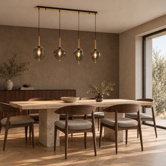 Lampadario a sospensione 4 luci per cucina moderno fumé e oro ottone