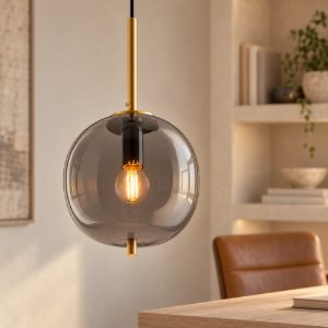 Lampada a sospensione per cucina moderna oliva fume e oro ottone vetro