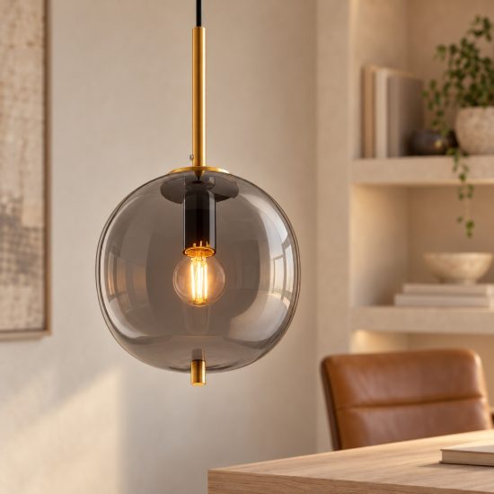 Lampada a sospensione per cucina moderna oliva fume e oro ottone vetro