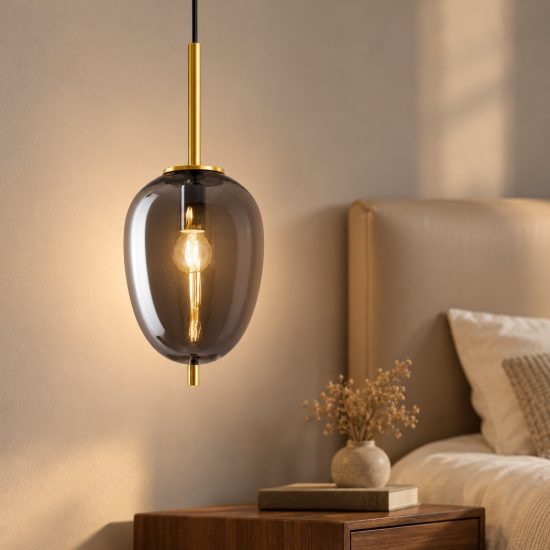 Lampada a sospensione per comodini camera da letto moderna oliva fumé e oro ottone vetro