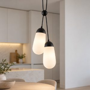 Lampadario per cucina moderna a sospensione opale e nero vetro 2 luci