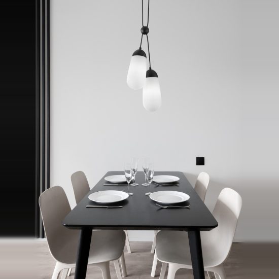 Lampadario per cucina moderna a sospensione opale e nero vetro 2 luci