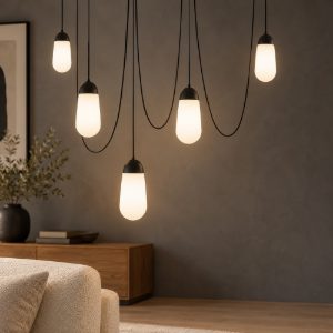 Lampadario moderno a sospensione per soggiorno opale e nero vetro 5 luci