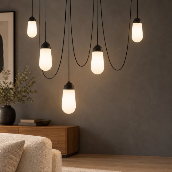 Lampadario moderno a sospensione per soggiorno opale e nero vetro 5 luci