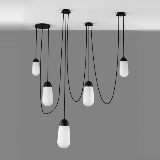Lampadario moderno a sospensione per soggiorno opale e nero vetro 5 luci