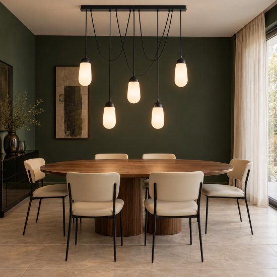 Lampadario moderno a sospensione per soggiorno opale e nero vetro 5 luci