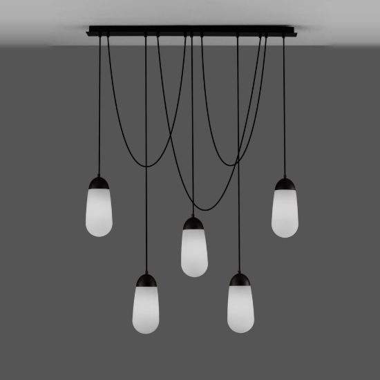 Lampadario moderno a sospensione per soggiorno opale e nero vetro 5 luci