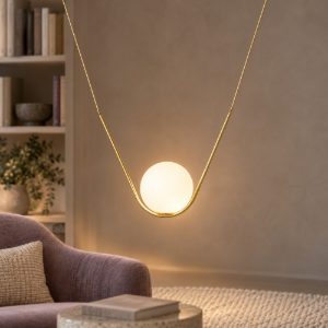 Lampadario a sospensione moderno per soggiorno sferico bianco e ottone vetro