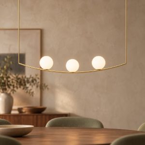 Lampadario a sospensione 3 luci contemporaneo per soggiorno bianco e ottone vetro