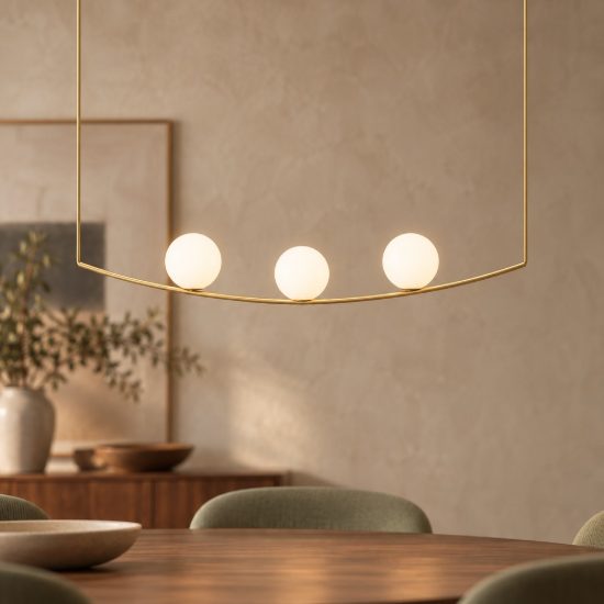 Lampadario a sospensione 3 luci contemporaneo per soggiorno bianco e ottone vetro