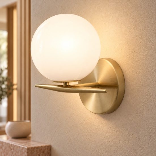 Applique da parete per soggiorno sferica bianco e ottone vetro