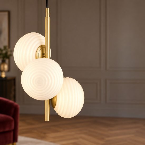 Lampadario per cucina contemporaneo a sospensione bianco latte e oro 3 luci