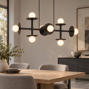 Lampadario moderno a sospensione per soggiorno opale e nero vetro 8 luci