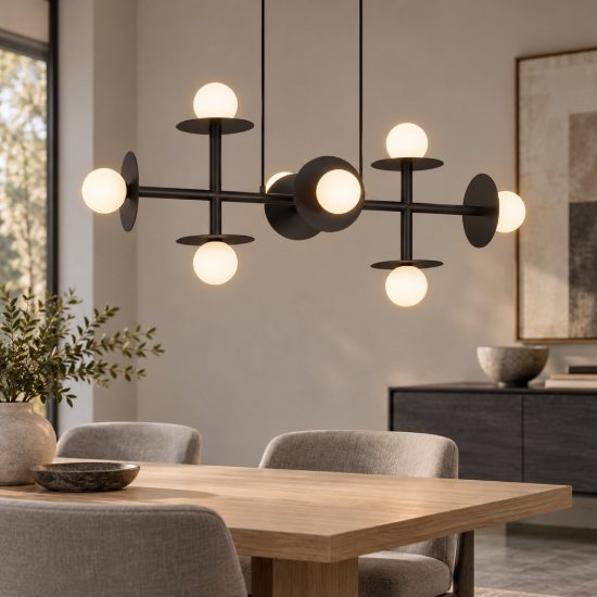 Lampadario moderno a sospensione per soggiorno opale e nero vetro 8 luci