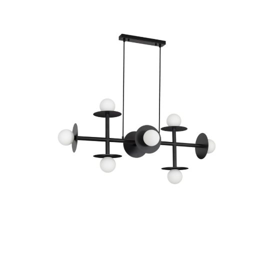 Lampadario moderno a sospensione per soggiorno opale e nero vetro 8 luci