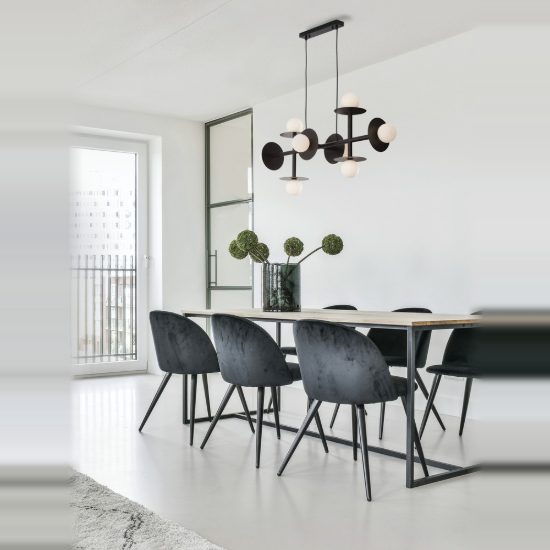 Lampadario moderno a sospensione per soggiorno opale e nero vetro 8 luci
