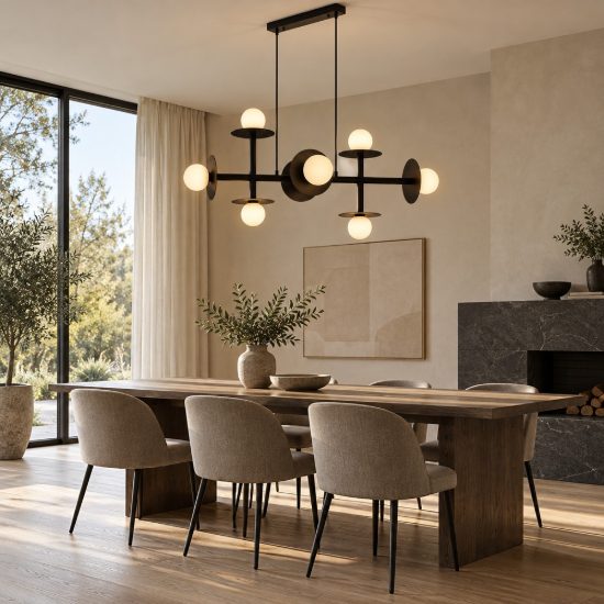 Lampadario moderno a sospensione per soggiorno opale e nero vetro 8 luci