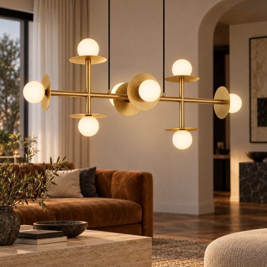 Lampadario a sospensione 8 luci contemporaneo opale e oro ottone per soggiorno