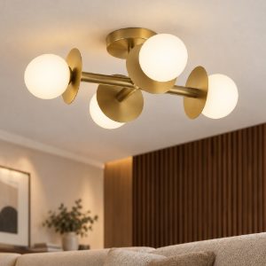 Plafoniera 51cm per soggiorno contemporaneo opale e oro ottone vetro