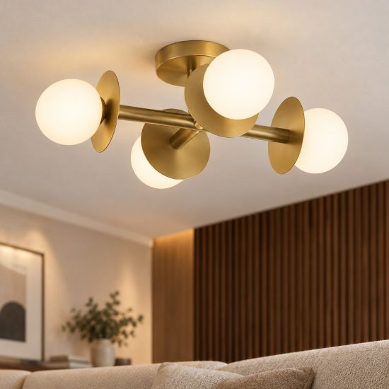 Plafoniera 51cm per soggiorno contemporaneo opale e oro ottone vetro