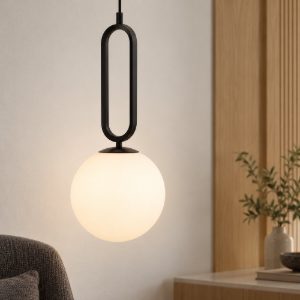 Lampada per cucina moderna a sospensione sferica opale e nero vetro