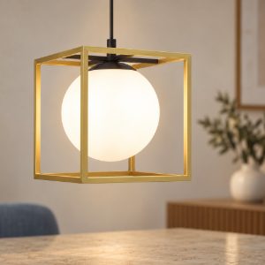 Lampada a sospensione quadrata opale ottone e nero vetro per comodini camera da letto