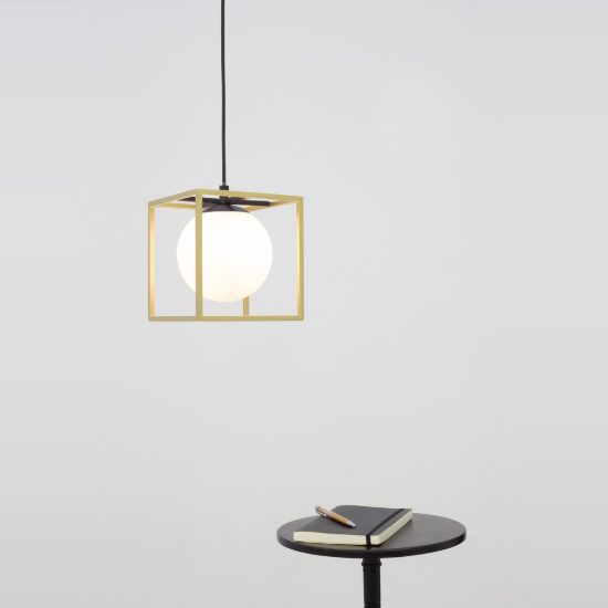 Lampada a sospensione quadrata opale ottone e nero vetro per comodini camera da letto