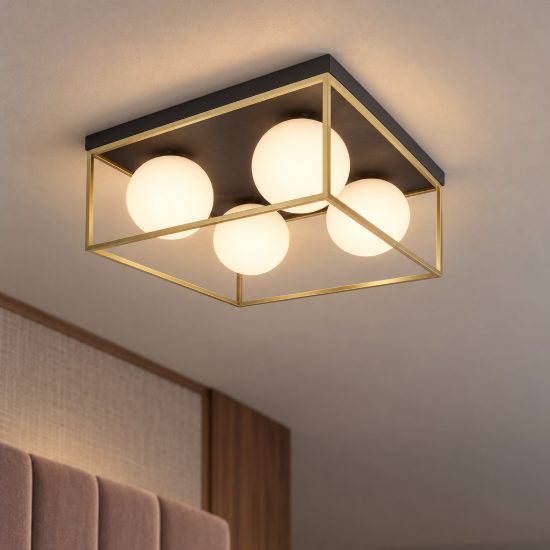 Plafoniera 45cm per camera da letto moderna opale ottone e nero vetro