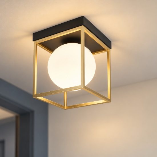 Plafoniera 19cm per ingresso moderna opale ottone e nero vetro