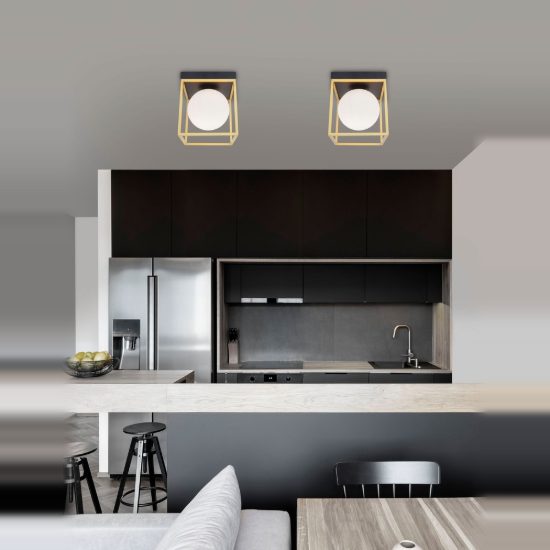 Plafoniera 19cm per ingresso moderna opale ottone e nero vetro