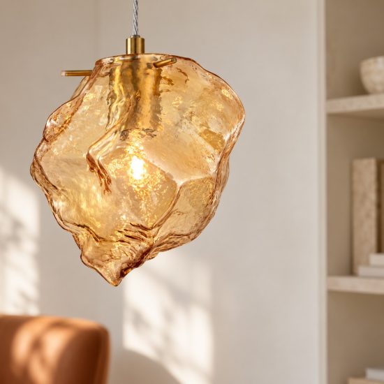 Lampada per comodini camera da letto moderna a sospensione ambra e oro ottone vetro
