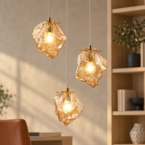 Lampadario per cucina moderno a sospensione ambra e oro ottone 3 luci