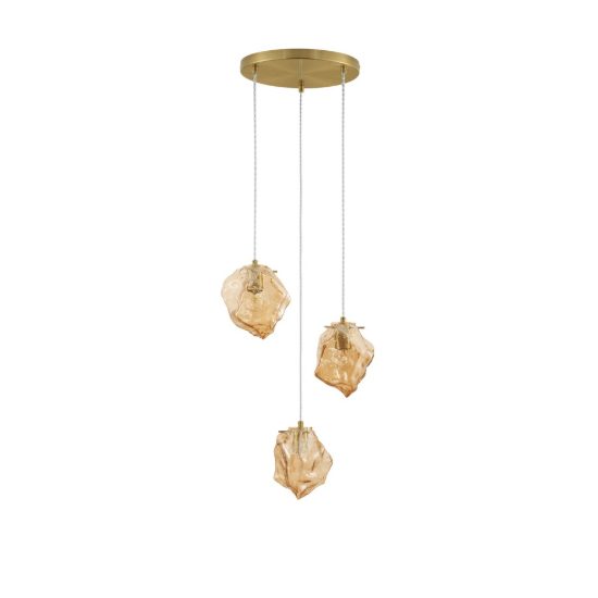Lampadario per cucina moderno a sospensione ambra e oro ottone 3 luci
